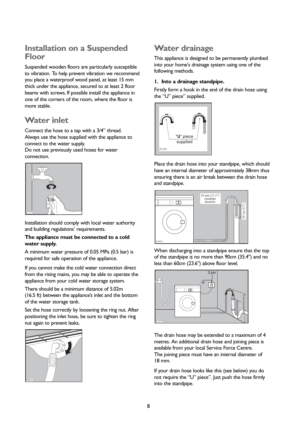 Installation on a suspended floor, Water inlet, Water drainage | John Lewis JLWD 1408 User Manual | Page 8 / 31