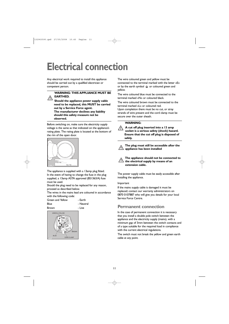 Electrical connection, Permanent connection | John Lewis 1609 User Manual | Page 11 / 32