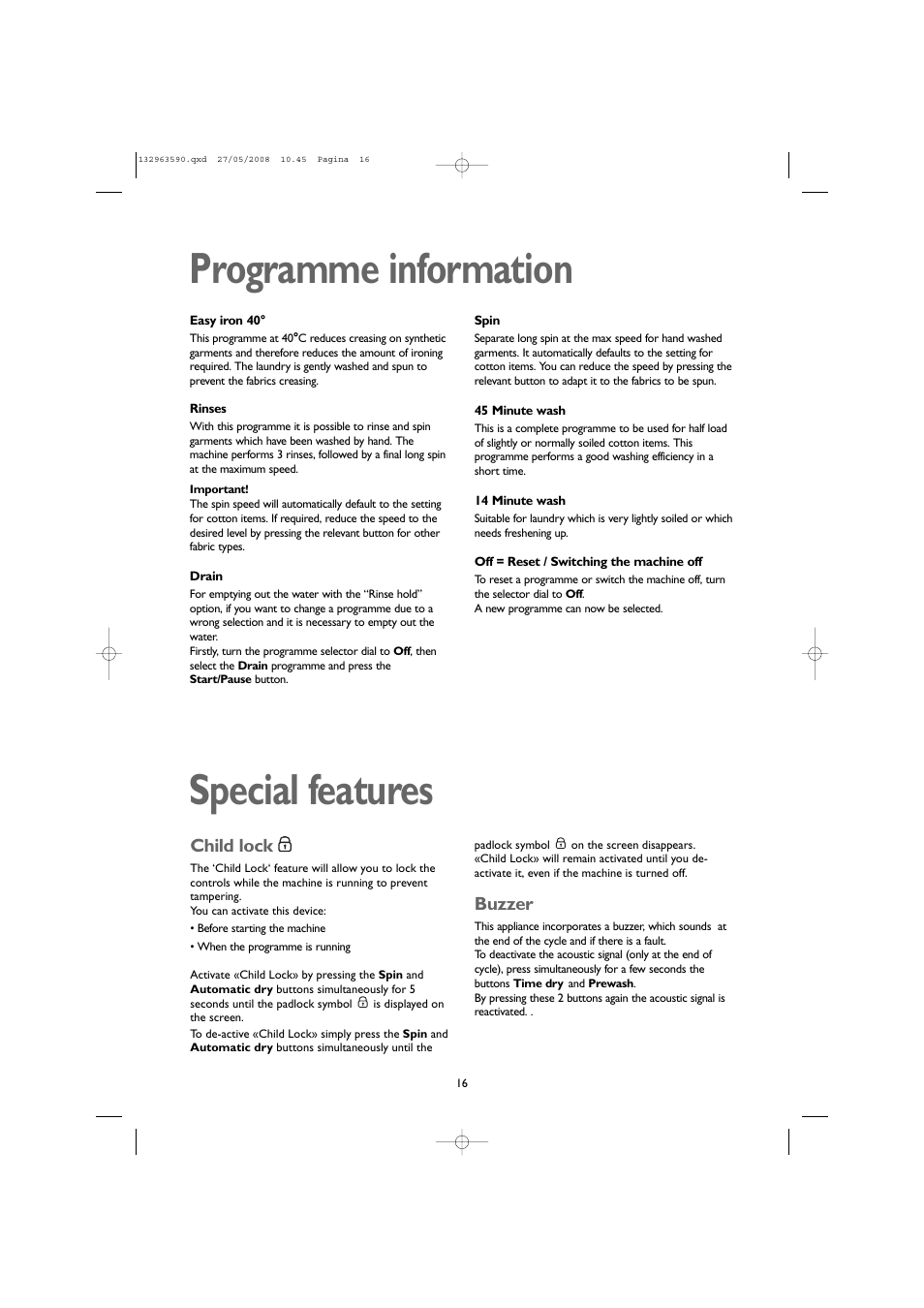 Programme information, Special features, Child lock | Buzzer | John Lewis 1609 User Manual | Page 16 / 32