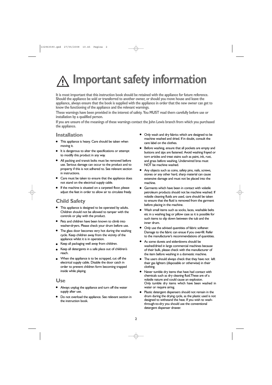 Important safety information, Installation, Child safety | John Lewis 1609 User Manual | Page 2 / 32