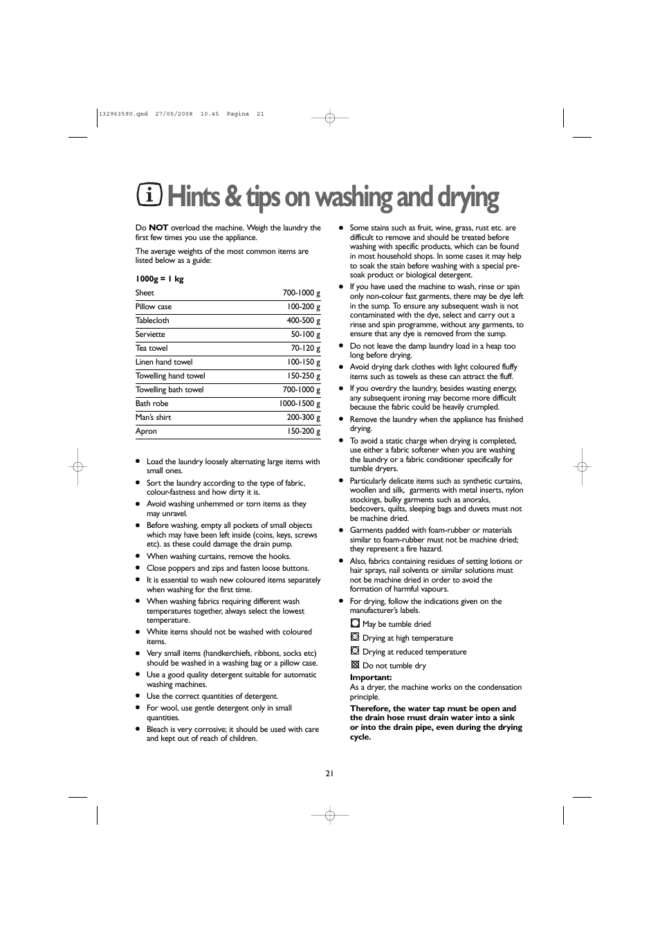 Hints & tips on washing and drying | John Lewis 1609 User Manual | Page 21 / 32