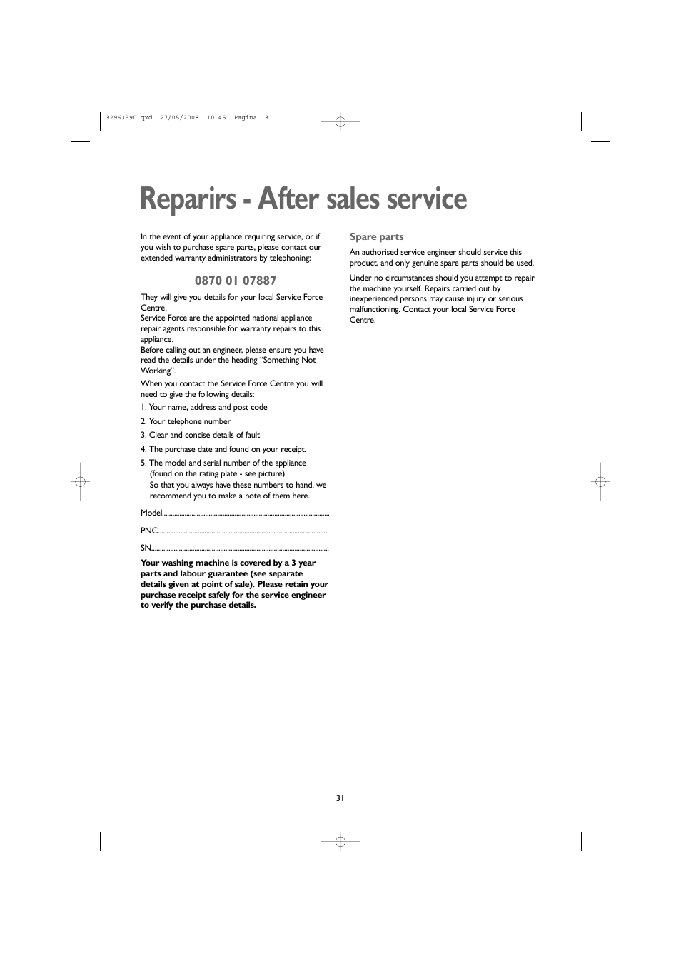 Reparirs - after sales service | John Lewis 1609 User Manual | Page 31 / 32