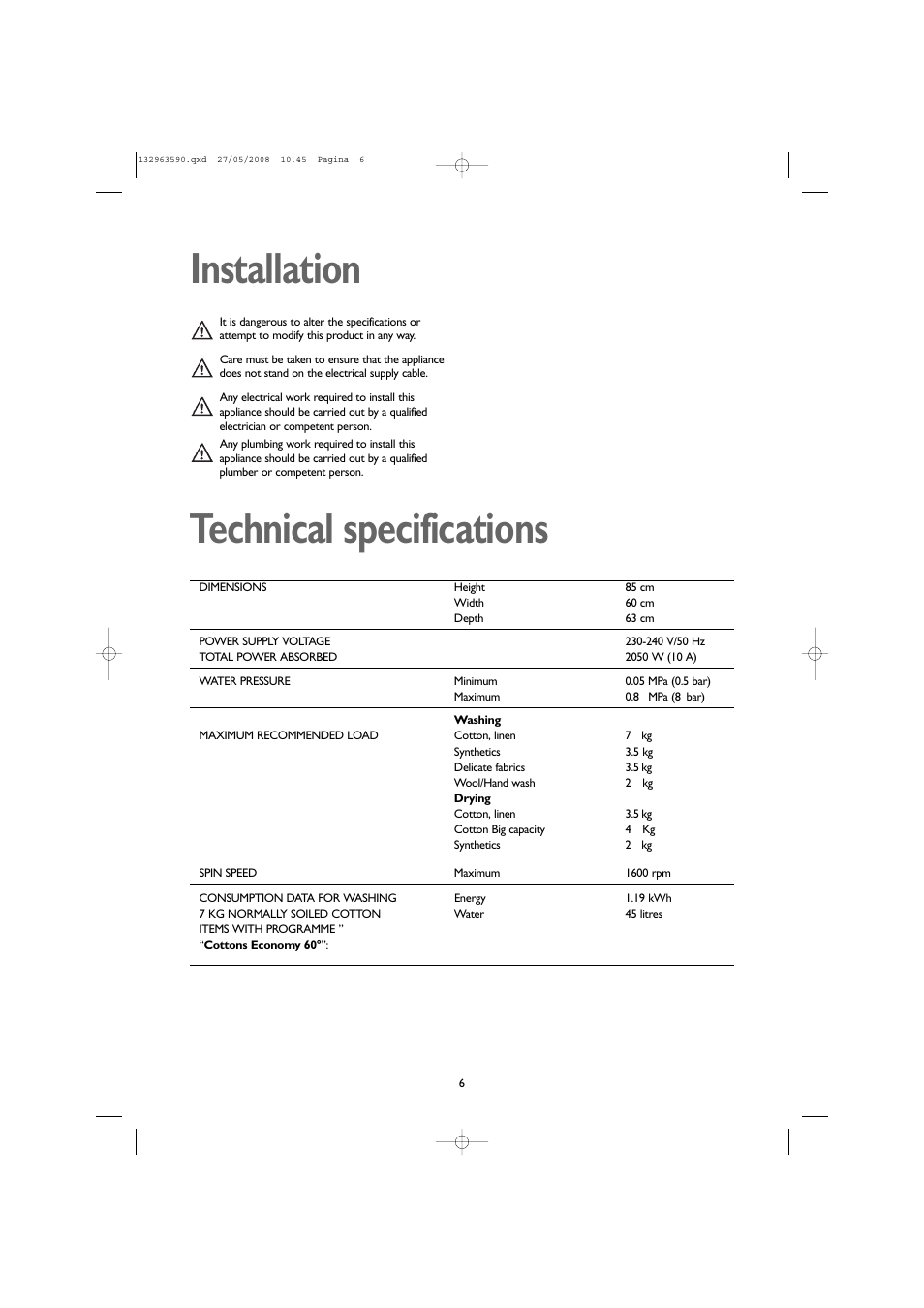 Installation, Technical specifications | John Lewis 1609 User Manual | Page 6 / 32