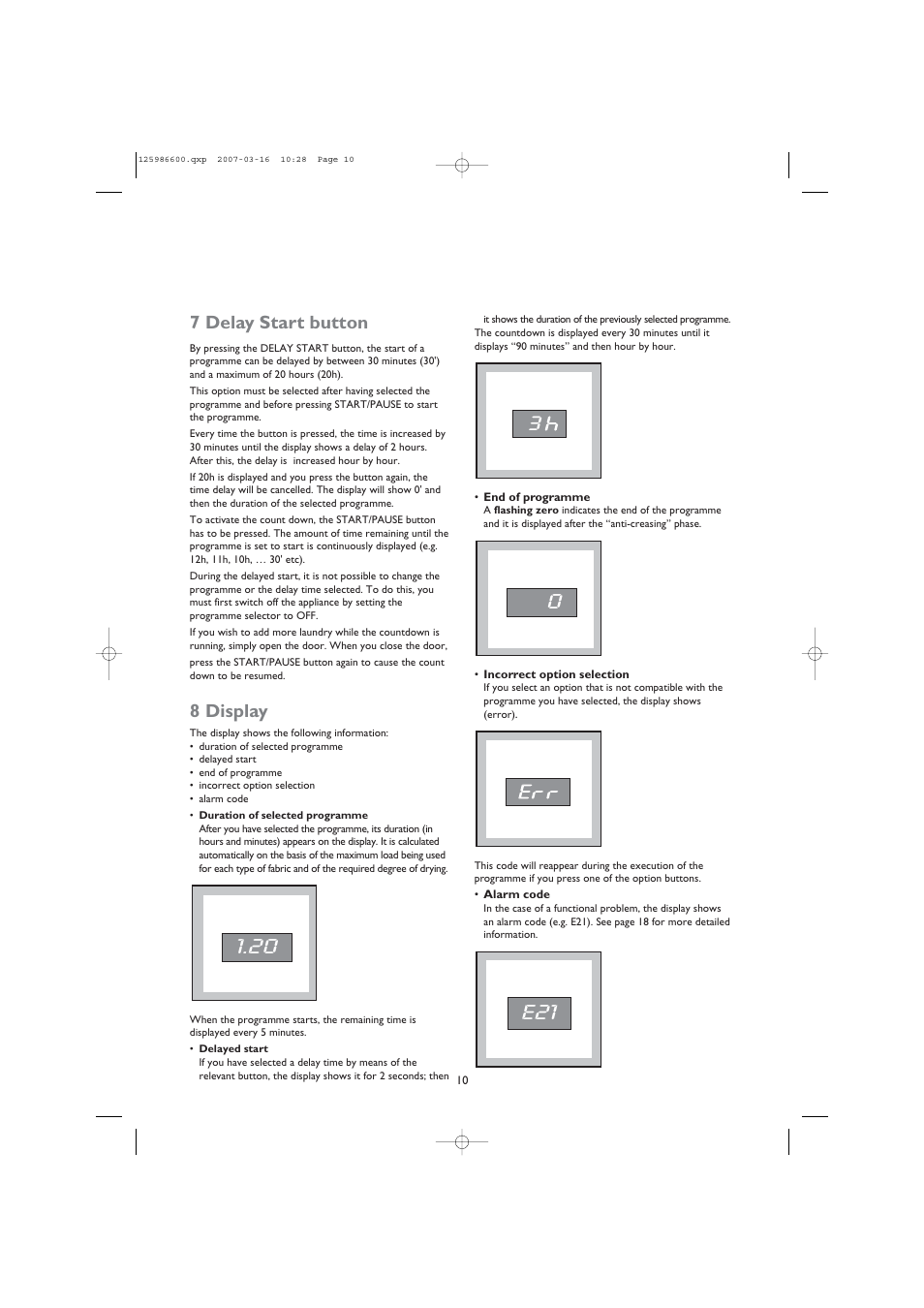 E21 0, 7 delay start button, 8 display | John Lewis U30401 JLTDC 07 User Manual | Page 10 / 22