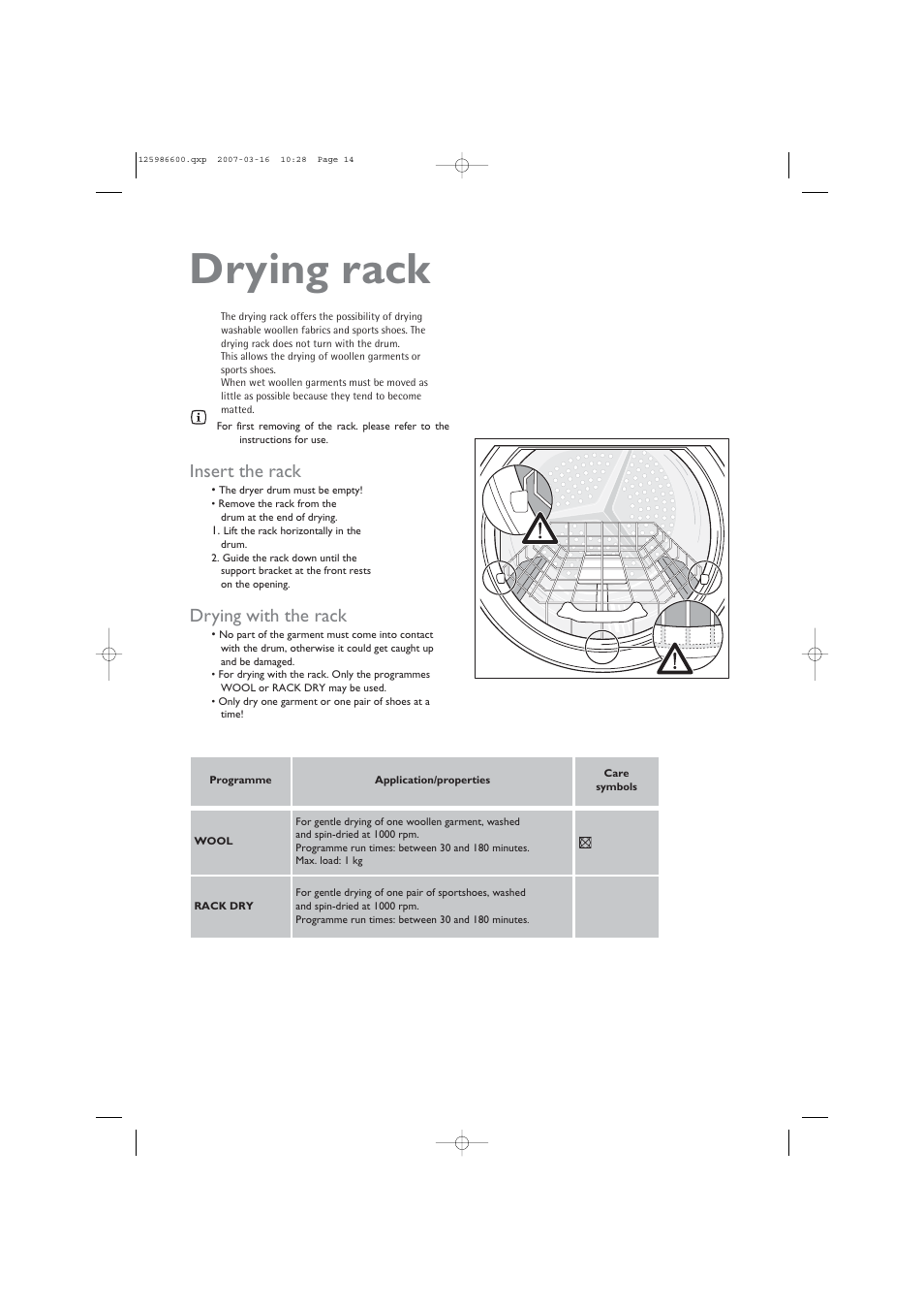 Drying rack, Insert the rack, Drying with the rack | John Lewis U30401 JLTDC 07 User Manual | Page 14 / 22