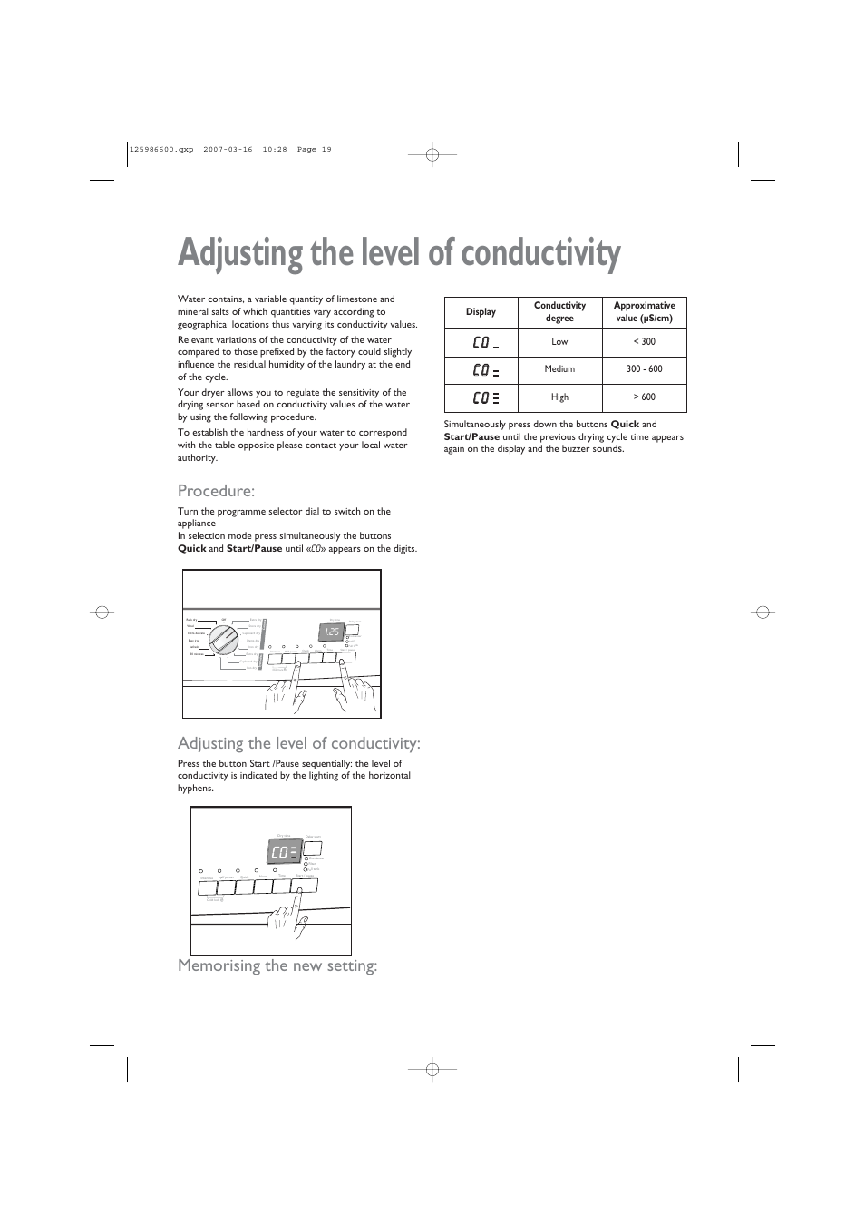 Adjusting the level of conductivity, Procedure, Cc 0 0 | John Lewis U30401 JLTDC 07 User Manual | Page 19 / 22