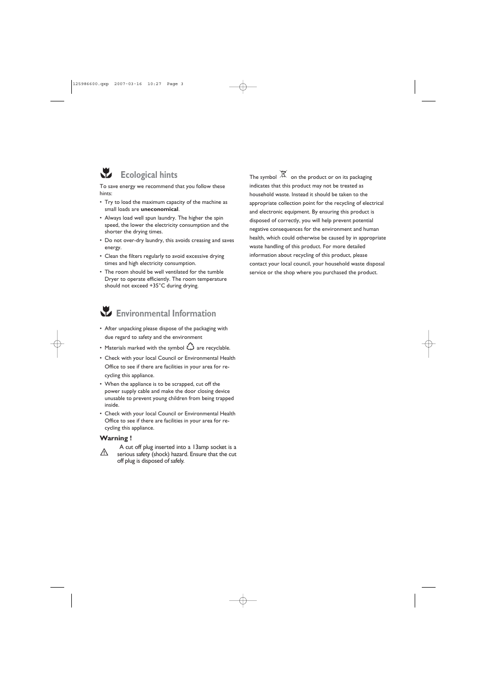 Ecological hints, Environmental information | John Lewis U30401 JLTDC 07 User Manual | Page 3 / 22