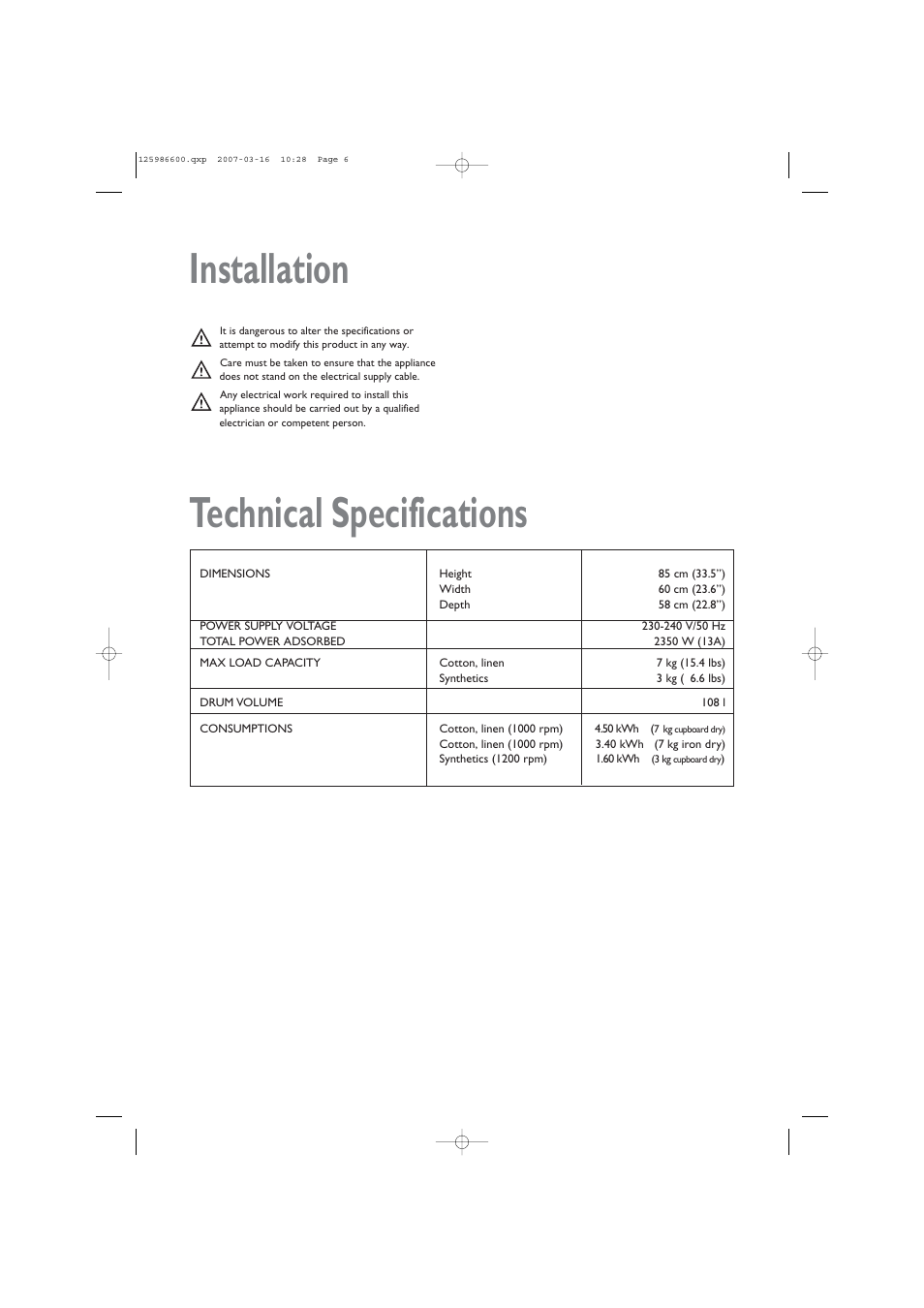 Technical specifications, Installation | John Lewis U30401 JLTDC 07 User Manual | Page 6 / 22