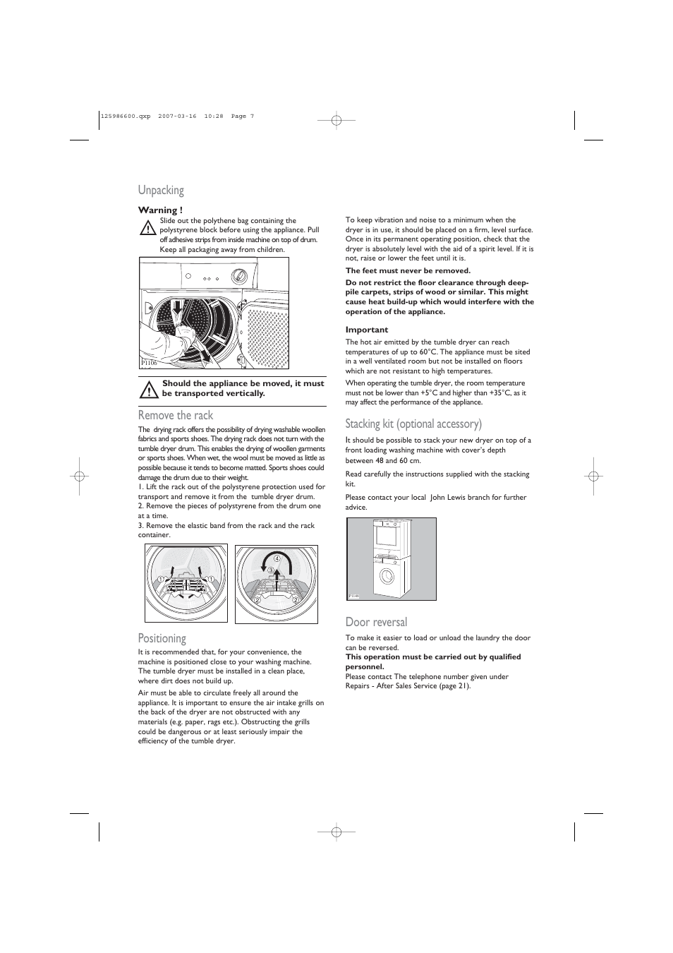 Stacking kit (optional accessory), Door reversal, Unpacking | Remove the rack, Positioning | John Lewis U30401 JLTDC 07 User Manual | Page 7 / 22