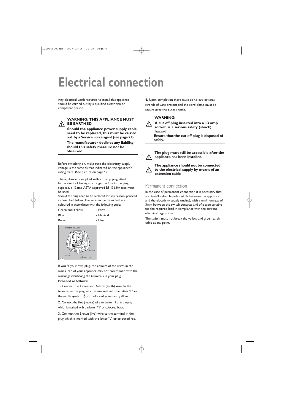 Electrical connection, Permanent connection | John Lewis U30401 JLTDC 07 User Manual | Page 8 / 22