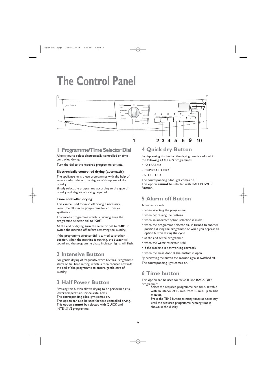 The control panel, 1 programme/time selector dial, 2 intensive button | 3 half power button, 4 quick dry button, 5 alarm off button, 6 time button | John Lewis U30401 JLTDC 07 User Manual | Page 9 / 22