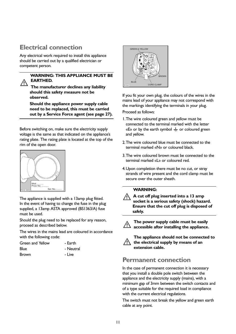 Electrical connection, Permanent connection | John Lewis JLWM1407 User Manual | Page 11 / 28