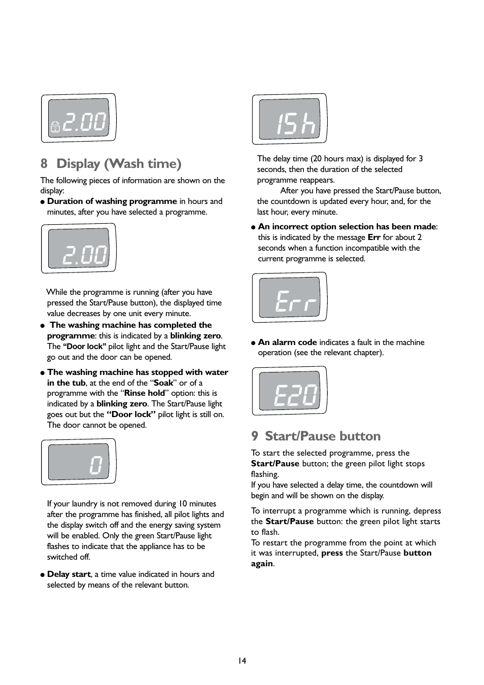 8 display (wash time), 9 start/pause button | John Lewis JLWM1407 User Manual | Page 14 / 28