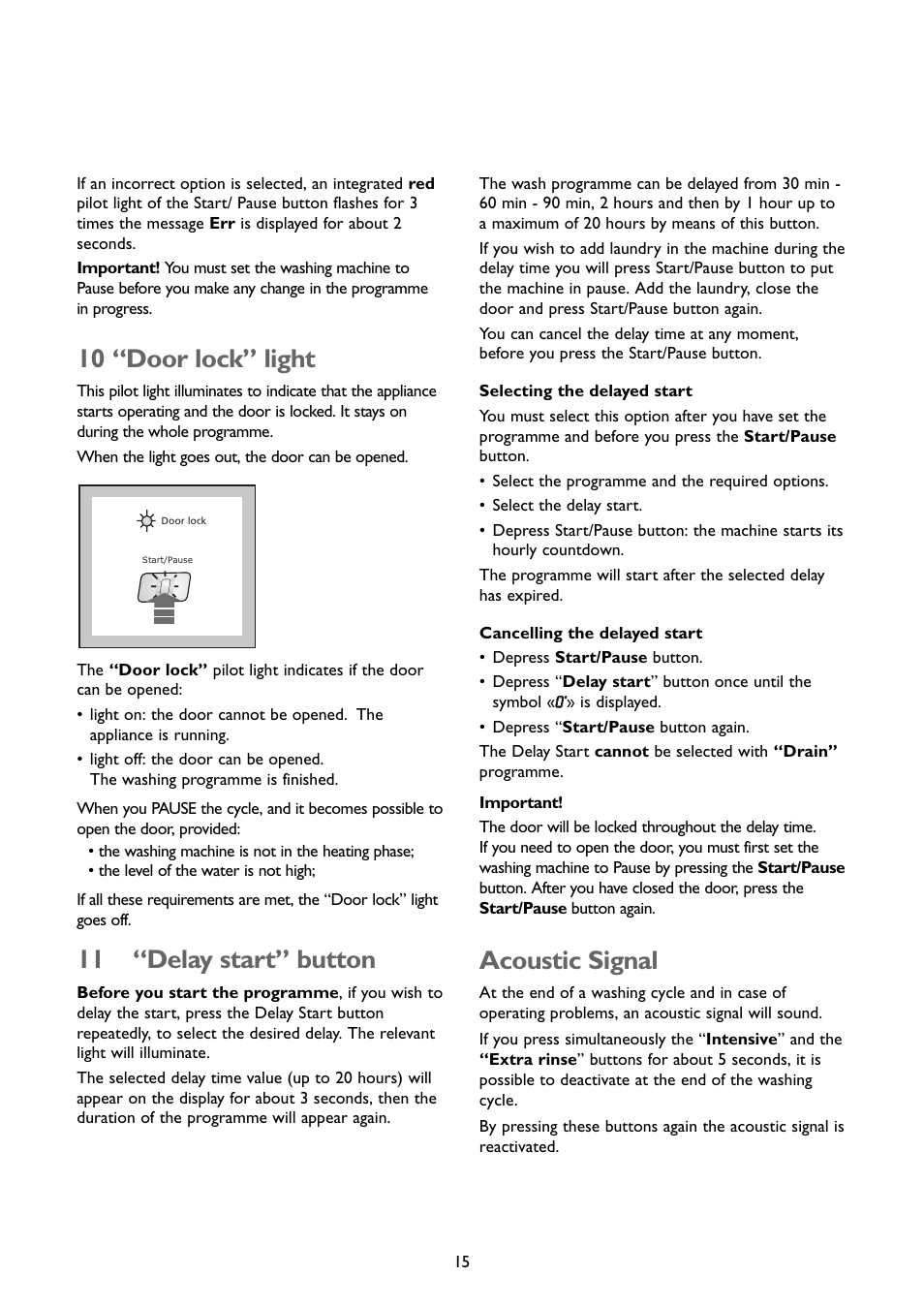 Acoustic signal, 10 “door lock” light, 11 “delay start” button | John Lewis JLWM1407 User Manual | Page 15 / 28