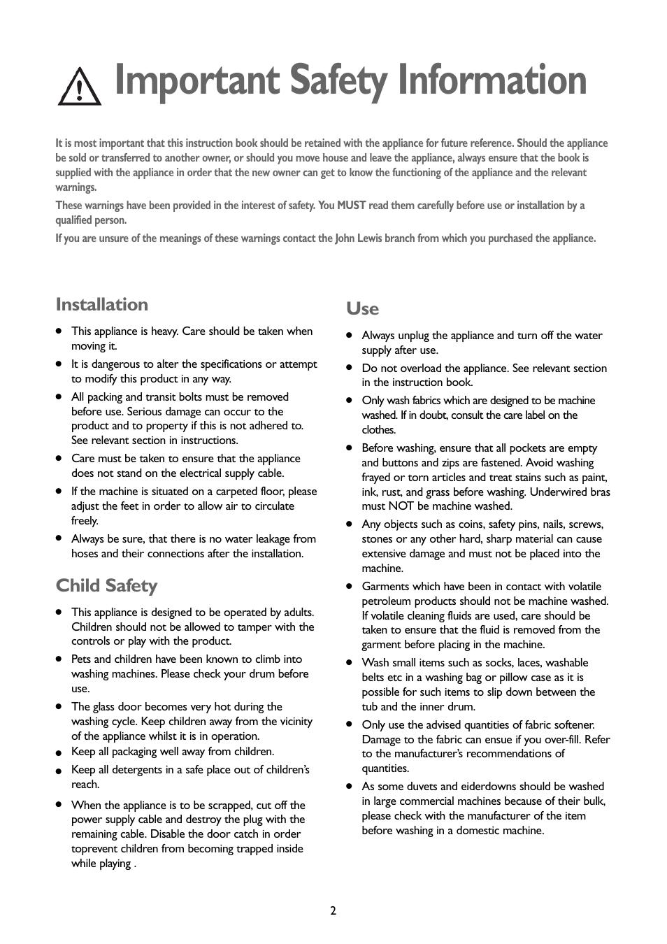 Important safety information, Installation, Child safety | John Lewis JLWM1407 User Manual | Page 2 / 28