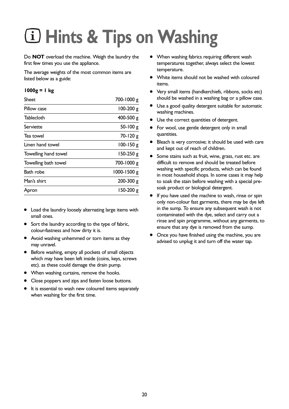 Hints & tips on washing | John Lewis JLWM1407 User Manual | Page 20 / 28
