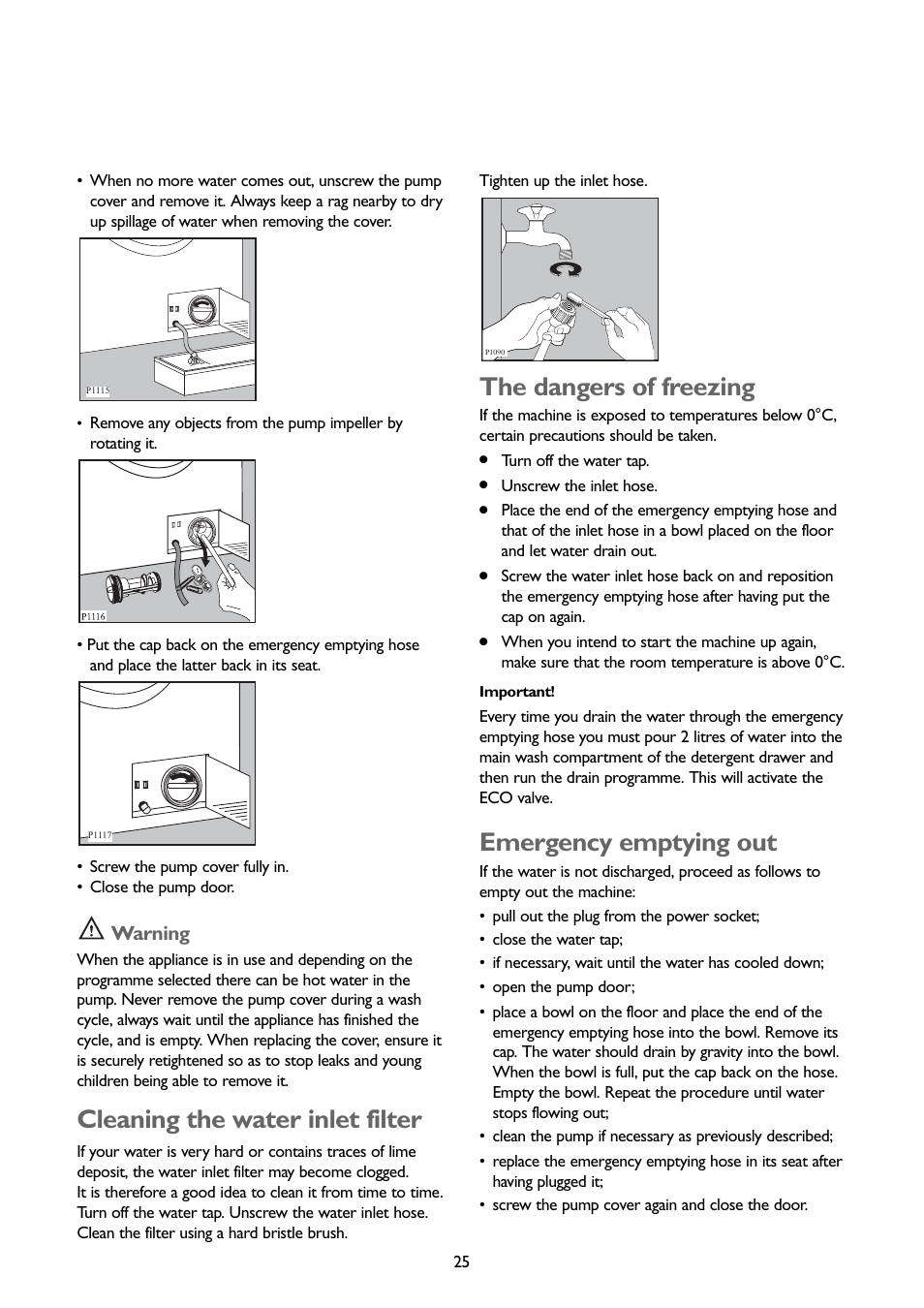 Cleaning the water inlet filter, The dangers of freezing, Emergency emptying out | Warning | John Lewis JLWM1407 User Manual | Page 25 / 28
