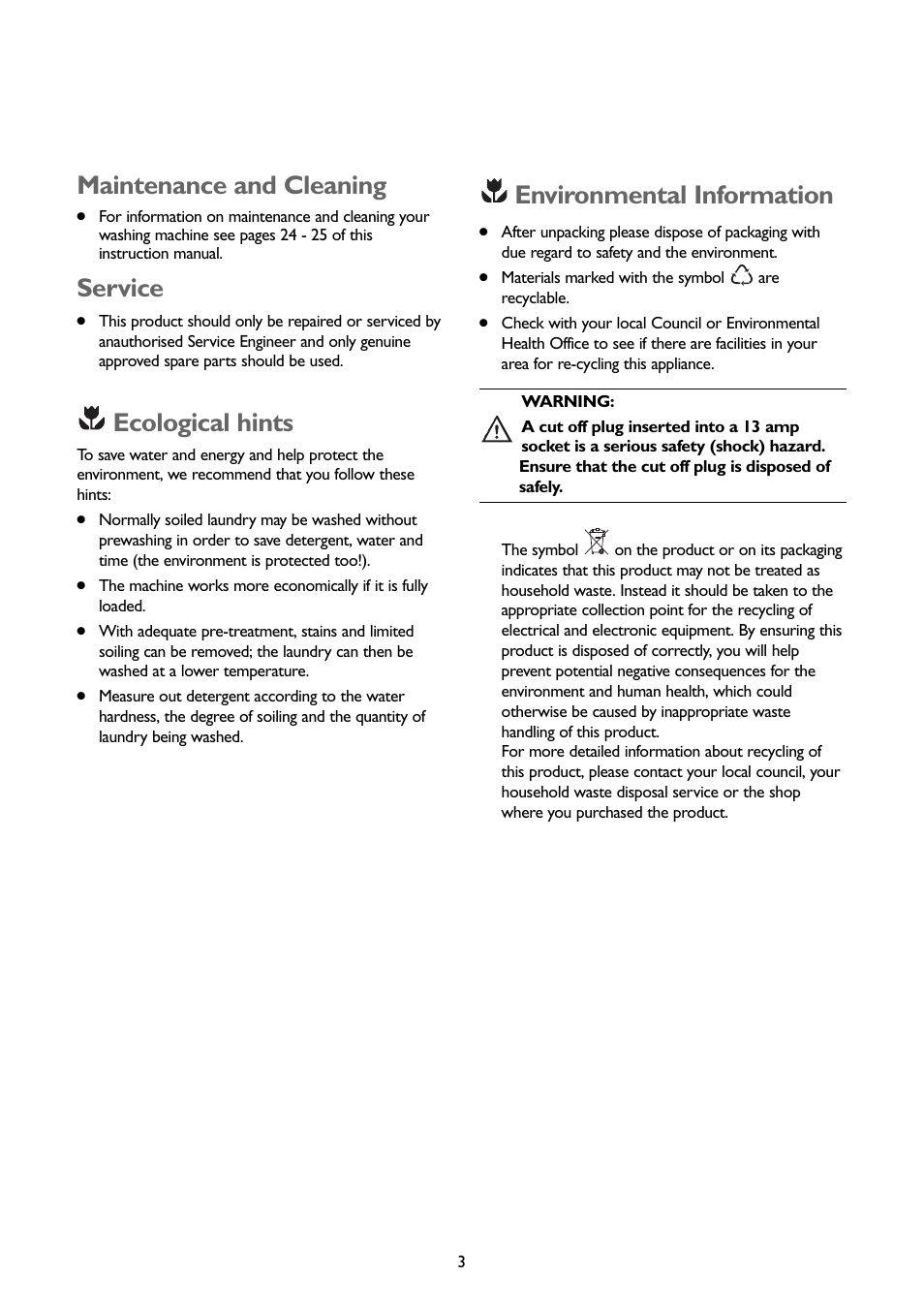 Environmental information, Maintenance and cleaning, Service | Ecological hints | John Lewis JLWM1407 User Manual | Page 3 / 28