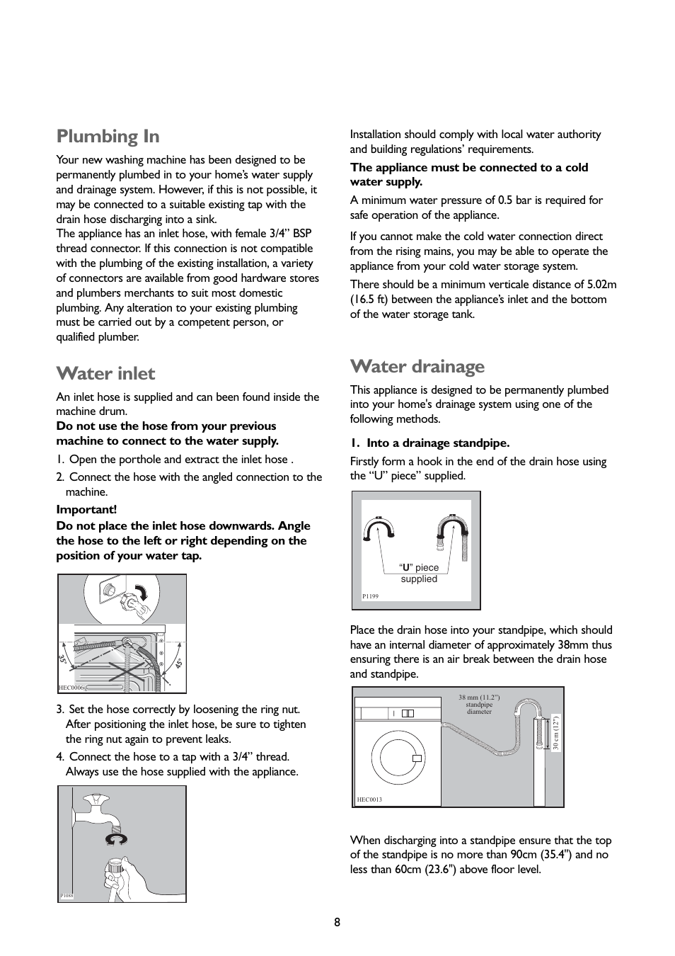 Plumbing in, Water inlet, Water drainage | John Lewis JLWM1407 User Manual | Page 8 / 28