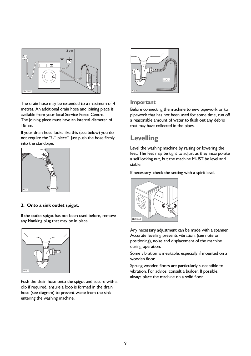 Levelling, Important | John Lewis JLWM1407 User Manual | Page 9 / 28