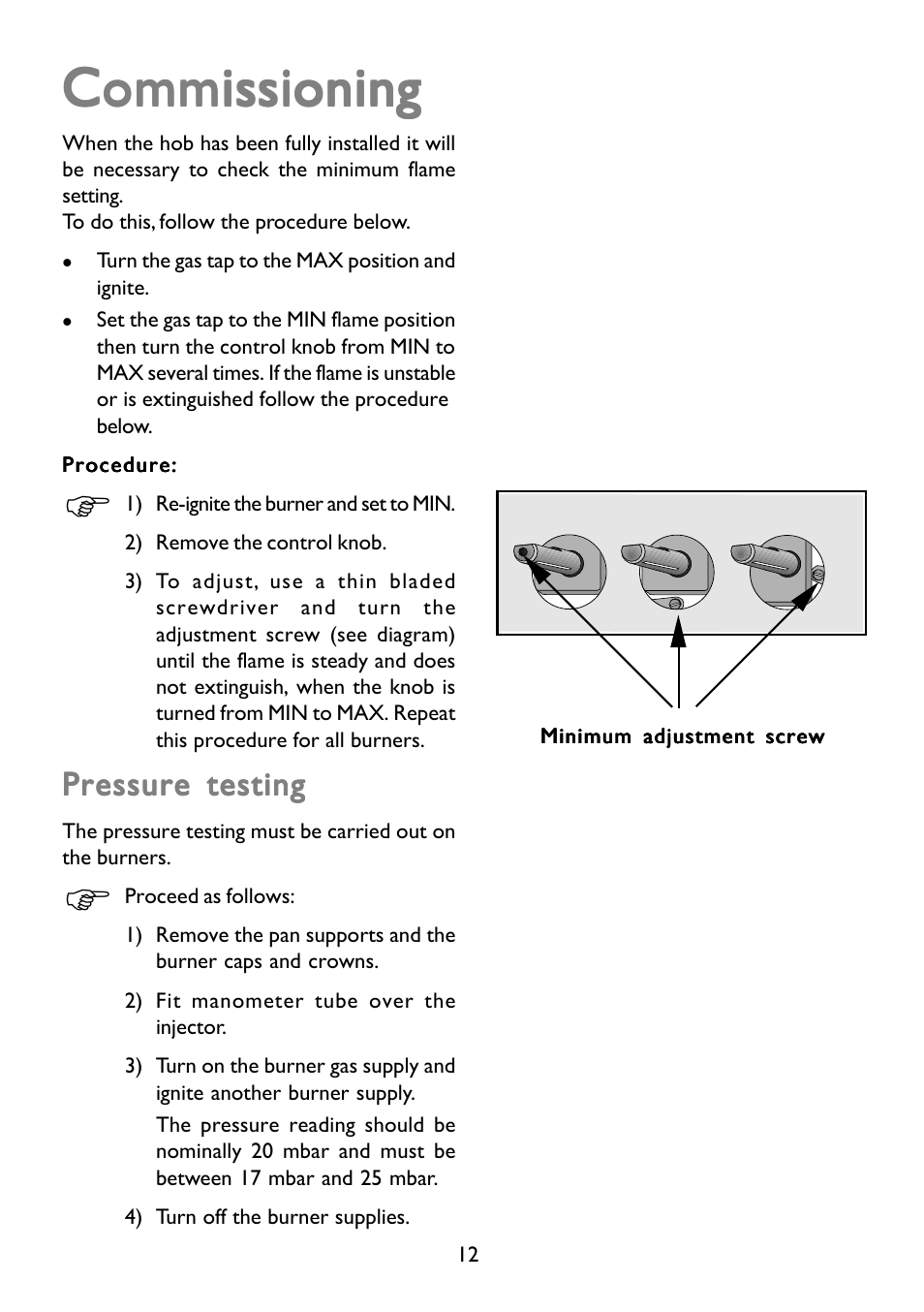 Commissioning, Pressure testing | John Lewis GAS HOB JLBIGGH605 User Manual | Page 12 / 24