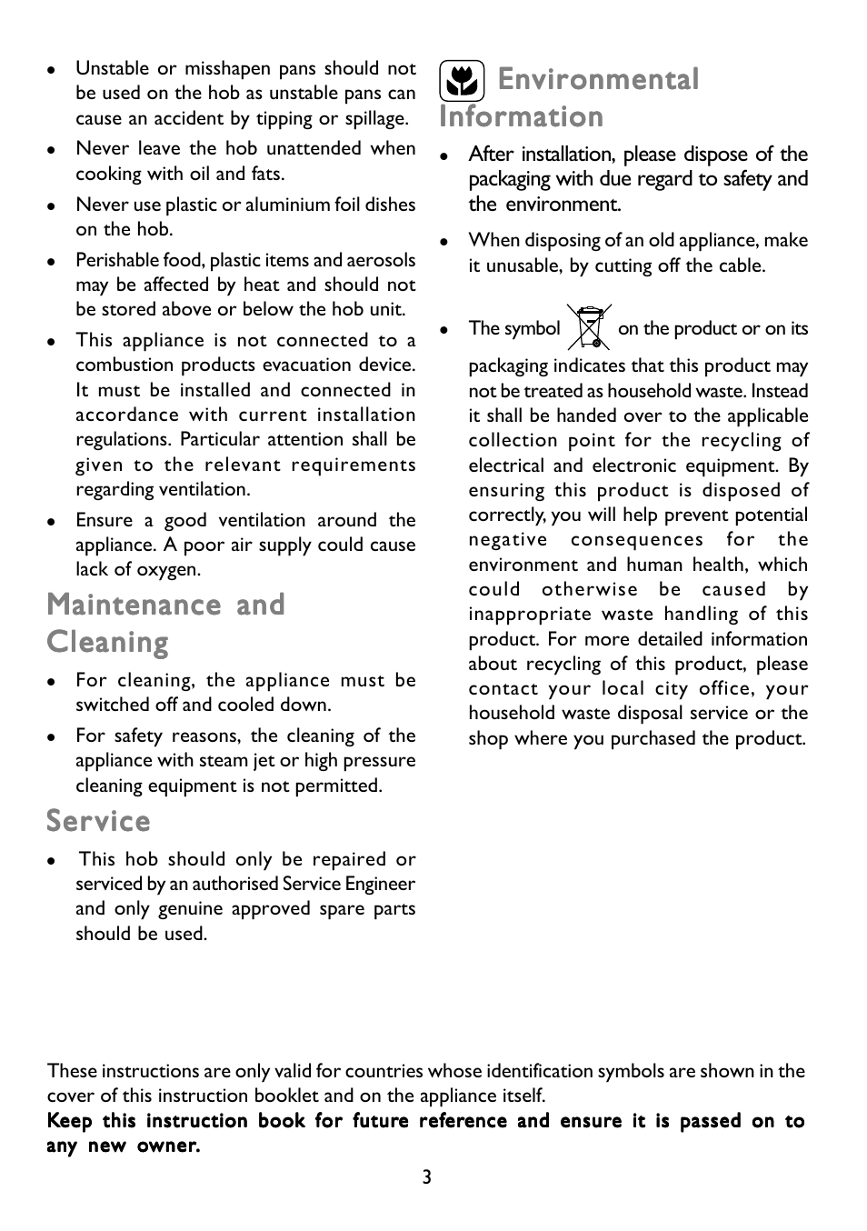 Maintenance and, Ser ser vice vice vice vice vice, Environmental | John Lewis GAS HOB JLBIGGH605 User Manual | Page 3 / 24