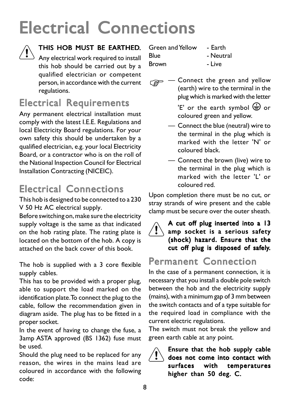 Electrical connections, Electrical requirements, Permanent connection | John Lewis GAS HOB JLBIGGH605 User Manual | Page 8 / 24