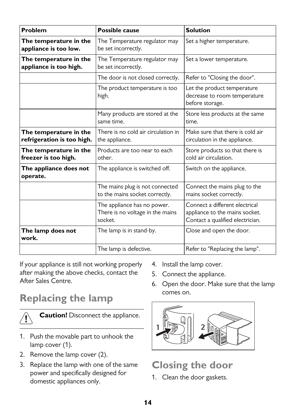 Replacing the lamp, Closing the door | John Lewis JLFFW175 User Manual | Page 14 / 24