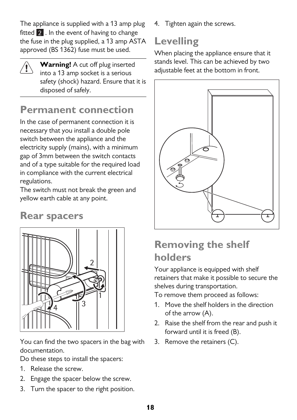 Permanent connection, Rear spacers, Levelling | Removing the shelf holders | John Lewis JLFFW175 User Manual | Page 18 / 24