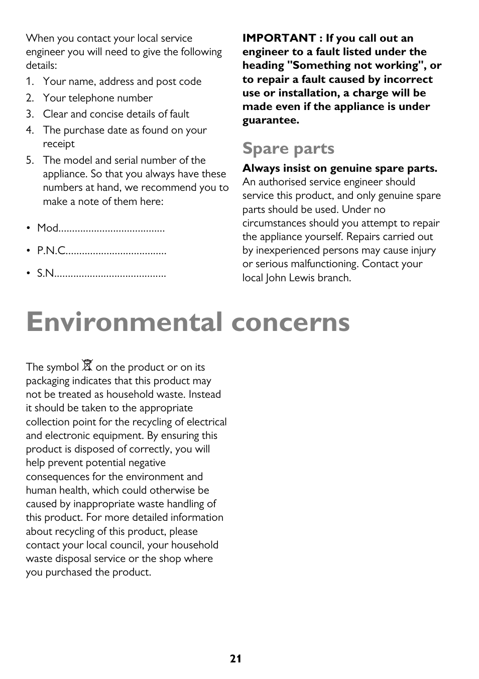 Environmental concerns, Spare parts | John Lewis JLFFW175 User Manual | Page 21 / 24