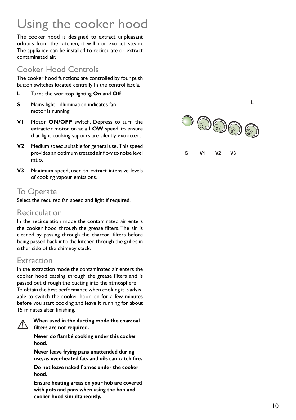Using the cooker hood, Cooker hood controls, Recirculation | Extraction | John Lewis JLBIHD601 User Manual | Page 10 / 16