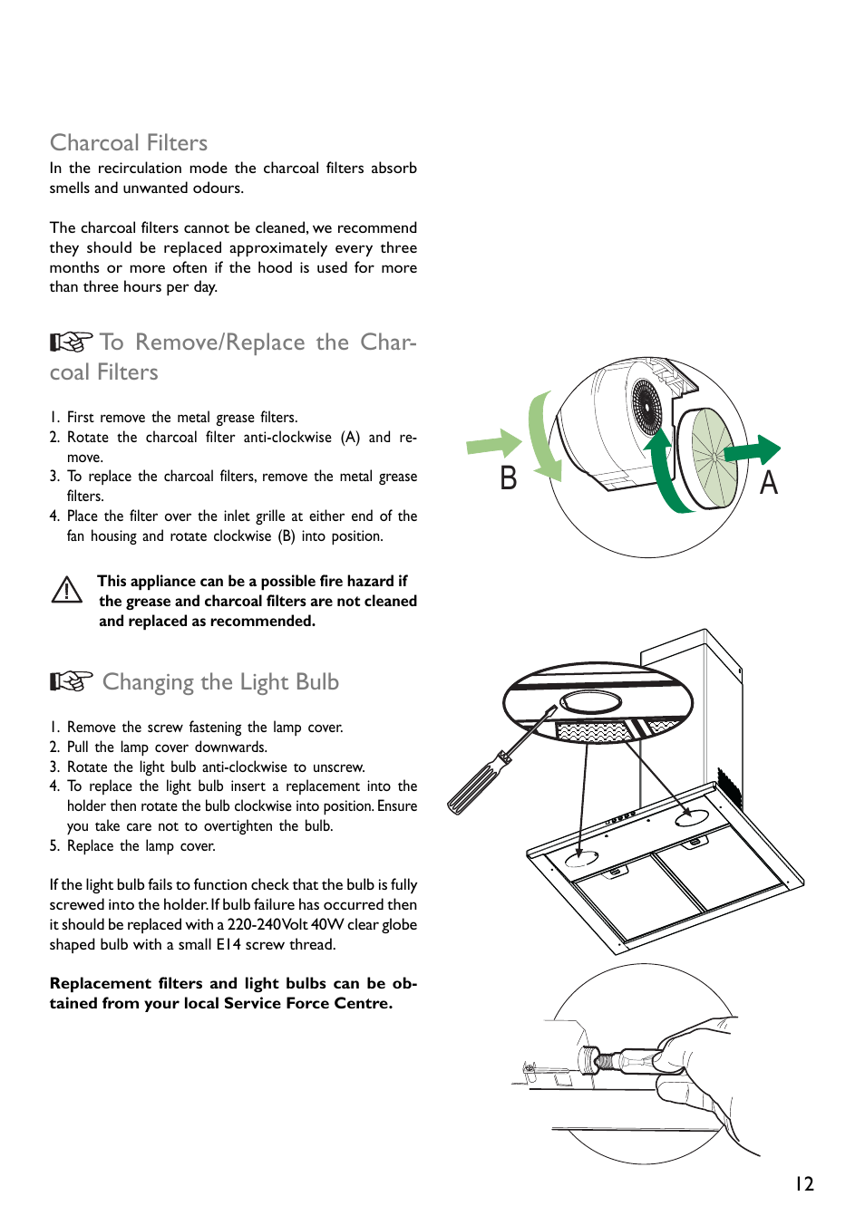 Charcoal filters, Changing the light bulb | John Lewis JLBIHD601 User Manual | Page 12 / 16