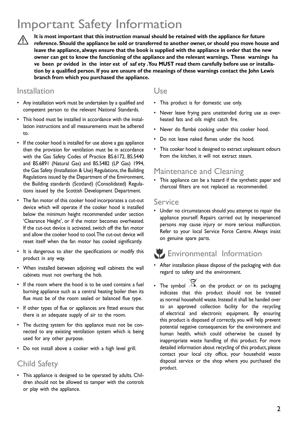 Important safety information, Installation, Child safety | Maintenance and cleaning, Service, Environmental information | John Lewis JLBIHD601 User Manual | Page 2 / 16