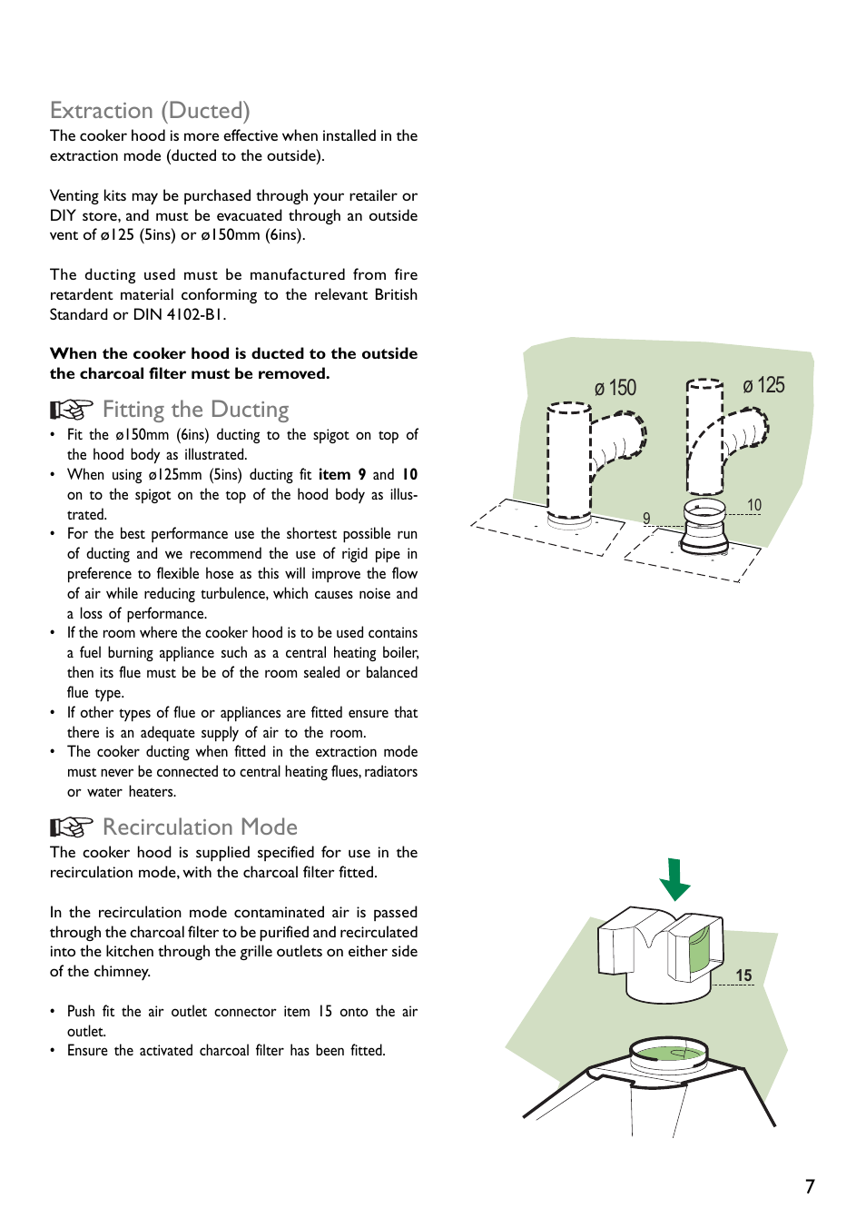 Extraction (ducted), Fitting the ducting, Recirculation mode | Ш 125, Ш 150 | John Lewis JLBIHD601 User Manual | Page 7 / 16