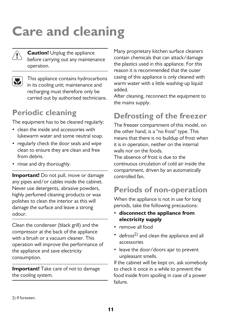 Care and cleaning, Periodic cleaning, Defrosting of the freezer | Periods of non-operation | John Lewis JLFZW1601 User Manual | Page 11 / 20