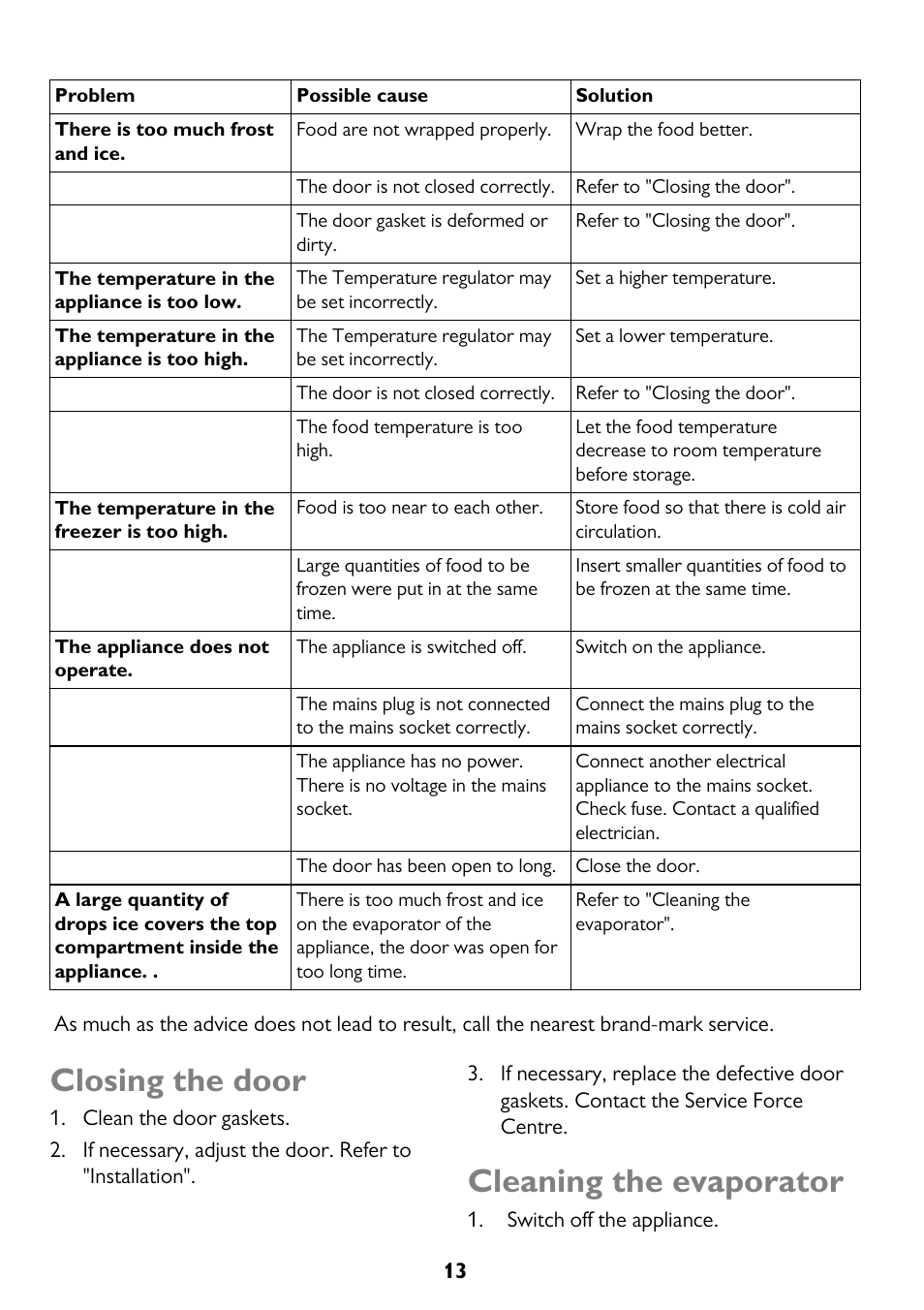 Closing the door, Cleaning the evaporator | John Lewis JLFZW1601 User Manual | Page 13 / 20