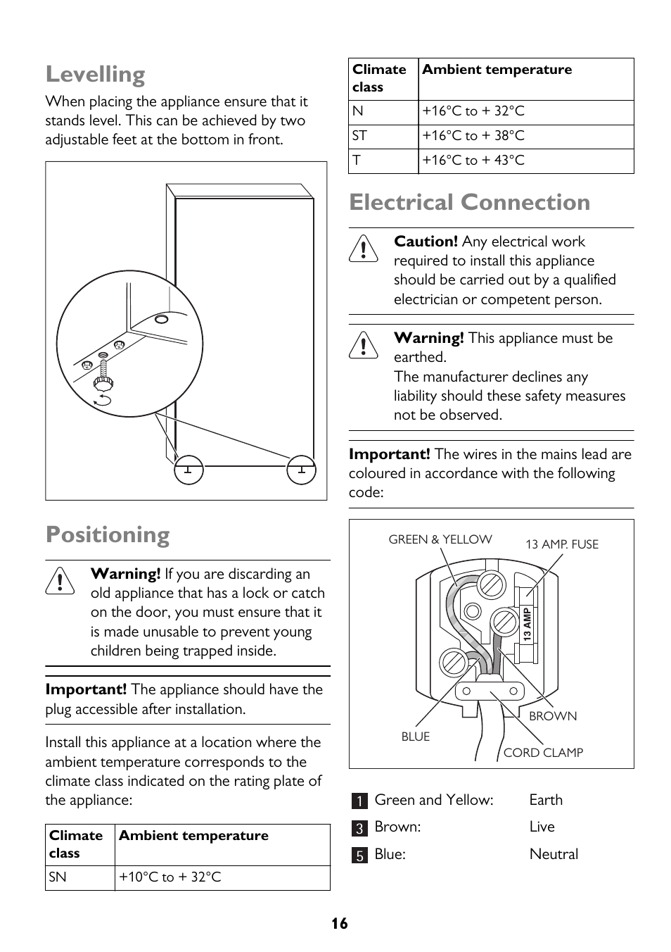 Levelling, Positioning, Electrical connection | John Lewis JLFZW1601 User Manual | Page 16 / 20