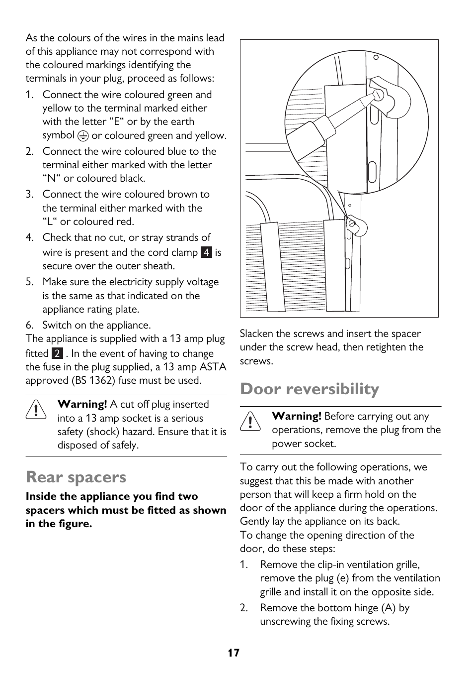 Rear spacers, Door reversibility | John Lewis JLFZW1601 User Manual | Page 17 / 20