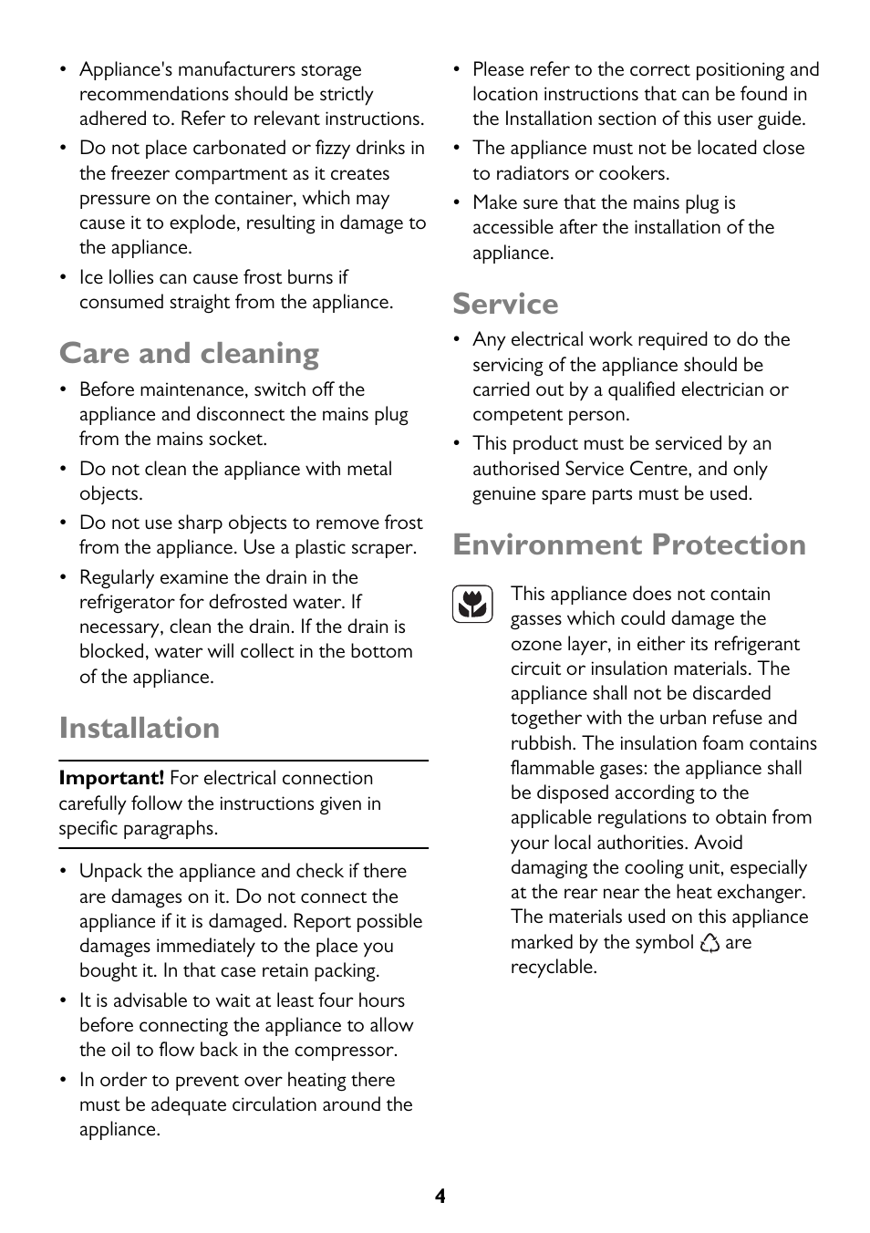 Care and cleaning, Installation, Service | Environment protection | John Lewis JLFZW1601 User Manual | Page 4 / 20