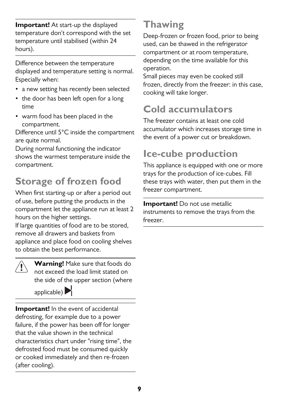 Storage of frozen food, Thawing, Cold accumulators | Ice-cube production | John Lewis JLFZW1601 User Manual | Page 9 / 20