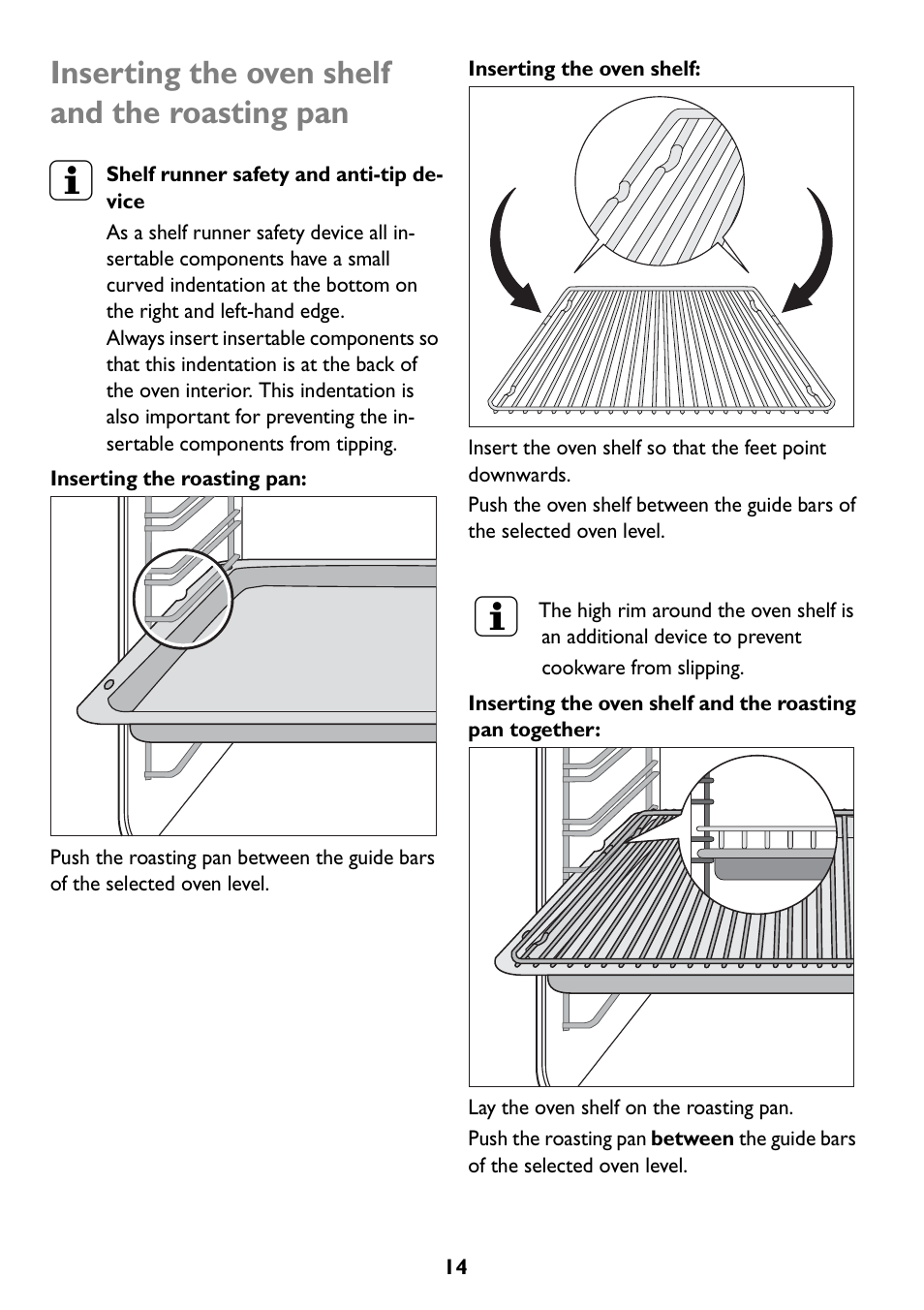 Inserting the oven shelf and the roasting pan | John Lewis JLBIOS607 User Manual | Page 14 / 52