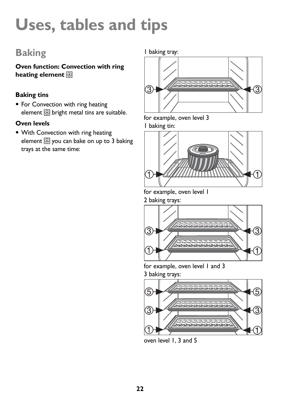 Uses, tables and tips, Baking | John Lewis JLBIOS607 User Manual | Page 22 / 52