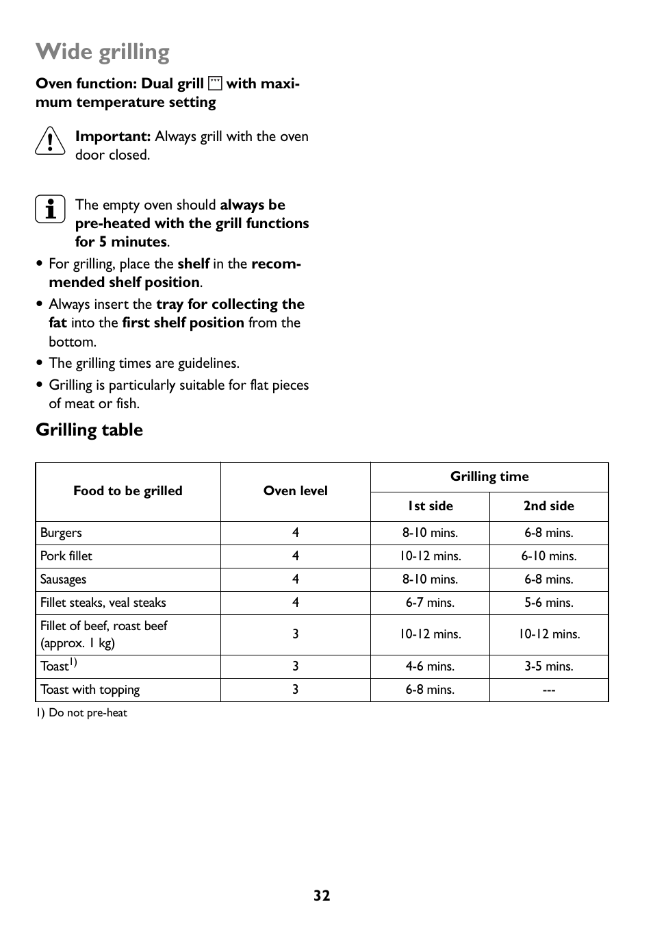 Wide grilling, Grilling table | John Lewis JLBIOS607 User Manual | Page 32 / 52