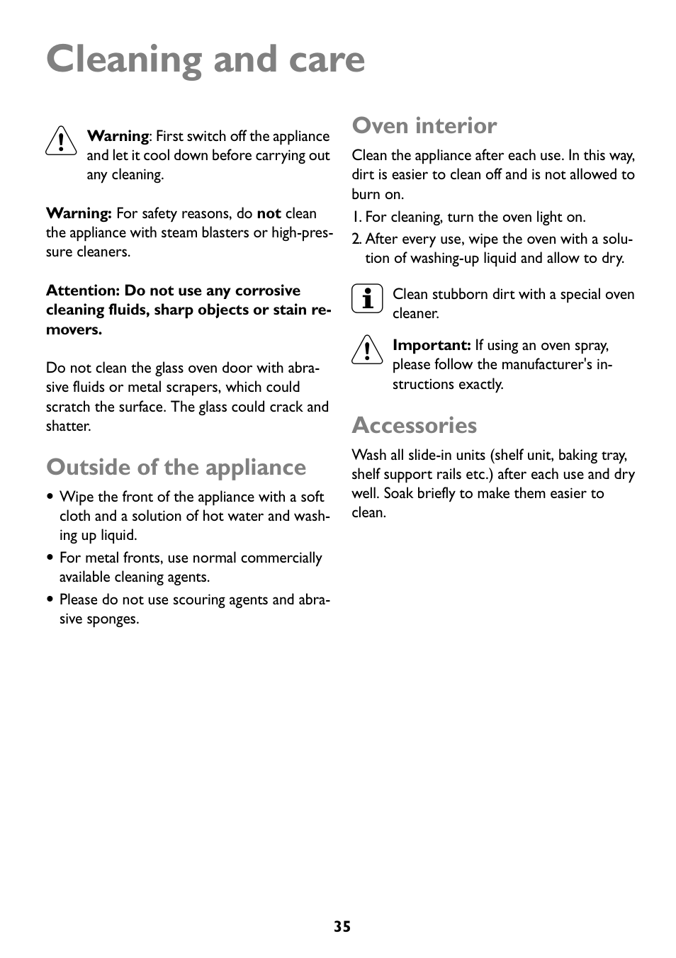 Cleaning and care, Outside of the appliance, Oven interior | Accessories | John Lewis JLBIOS607 User Manual | Page 35 / 52