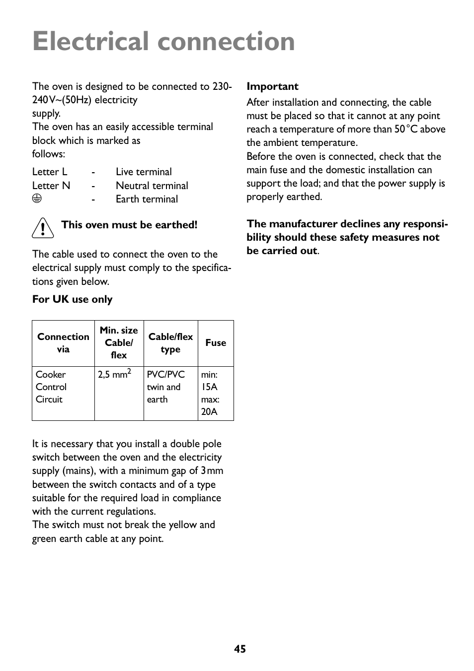 Electrical connection | John Lewis JLBIOS607 User Manual | Page 45 / 52