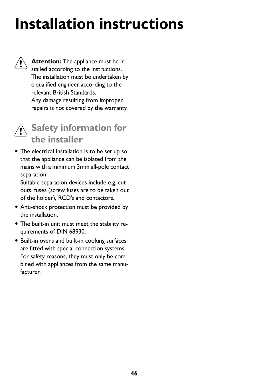 Installation instructions, Safety information for the installer | John Lewis JLBIOS607 User Manual | Page 46 / 52