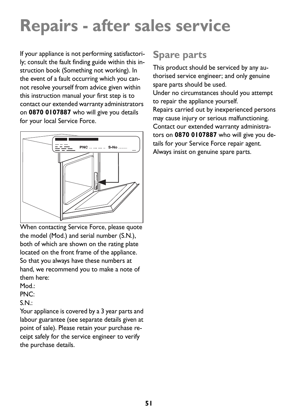 Repairs - after sales service, Spare parts | John Lewis JLBIOS607 User Manual | Page 51 / 52