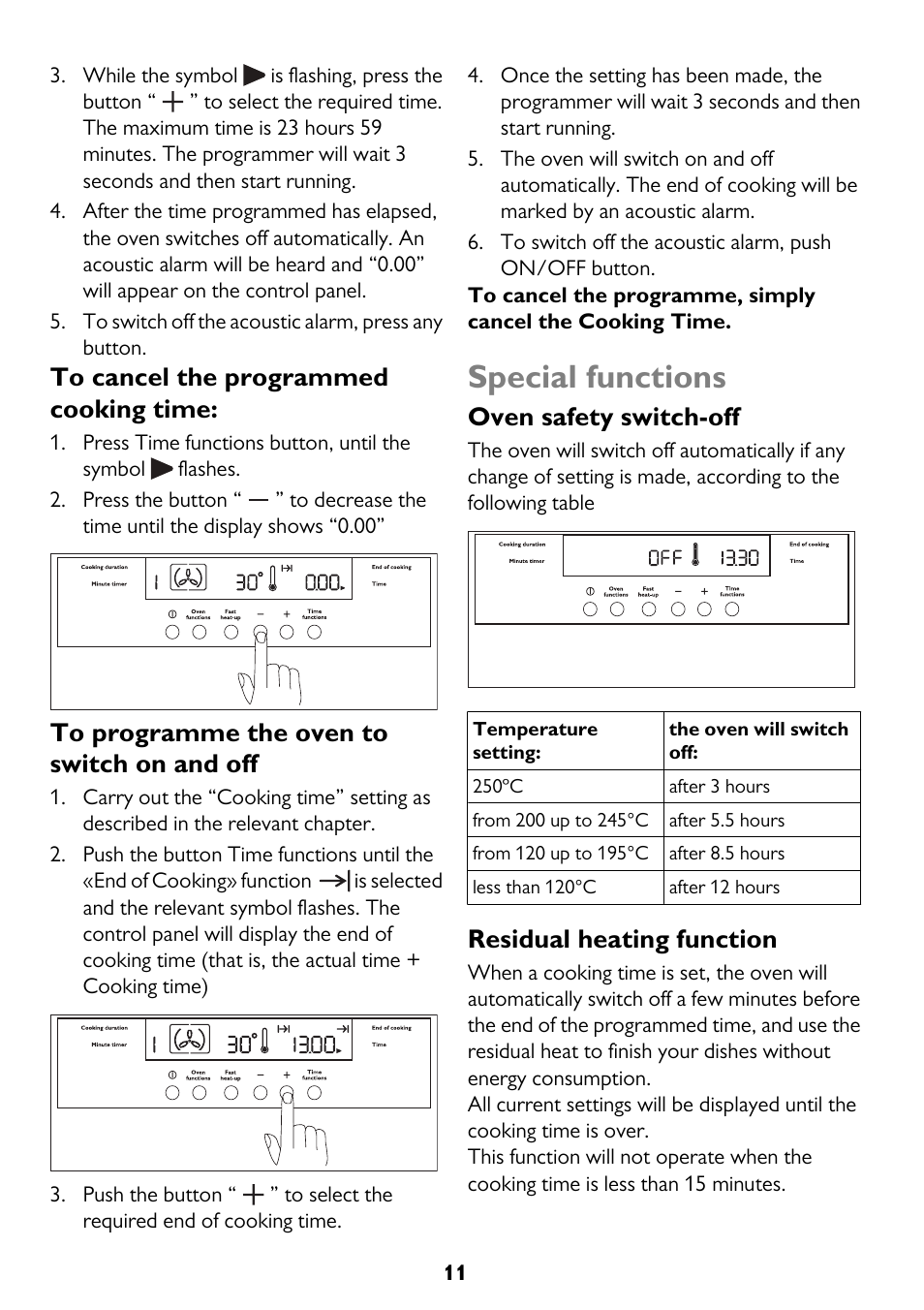 Special functions, Oven safety switch-off, Residual heating function | John Lewis JLBIOS662 User Manual | Page 11 / 36