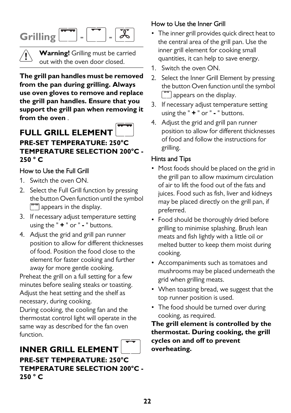 Grilling, Full grill element, Inner grill element | John Lewis JLBIOS662 User Manual | Page 22 / 36
