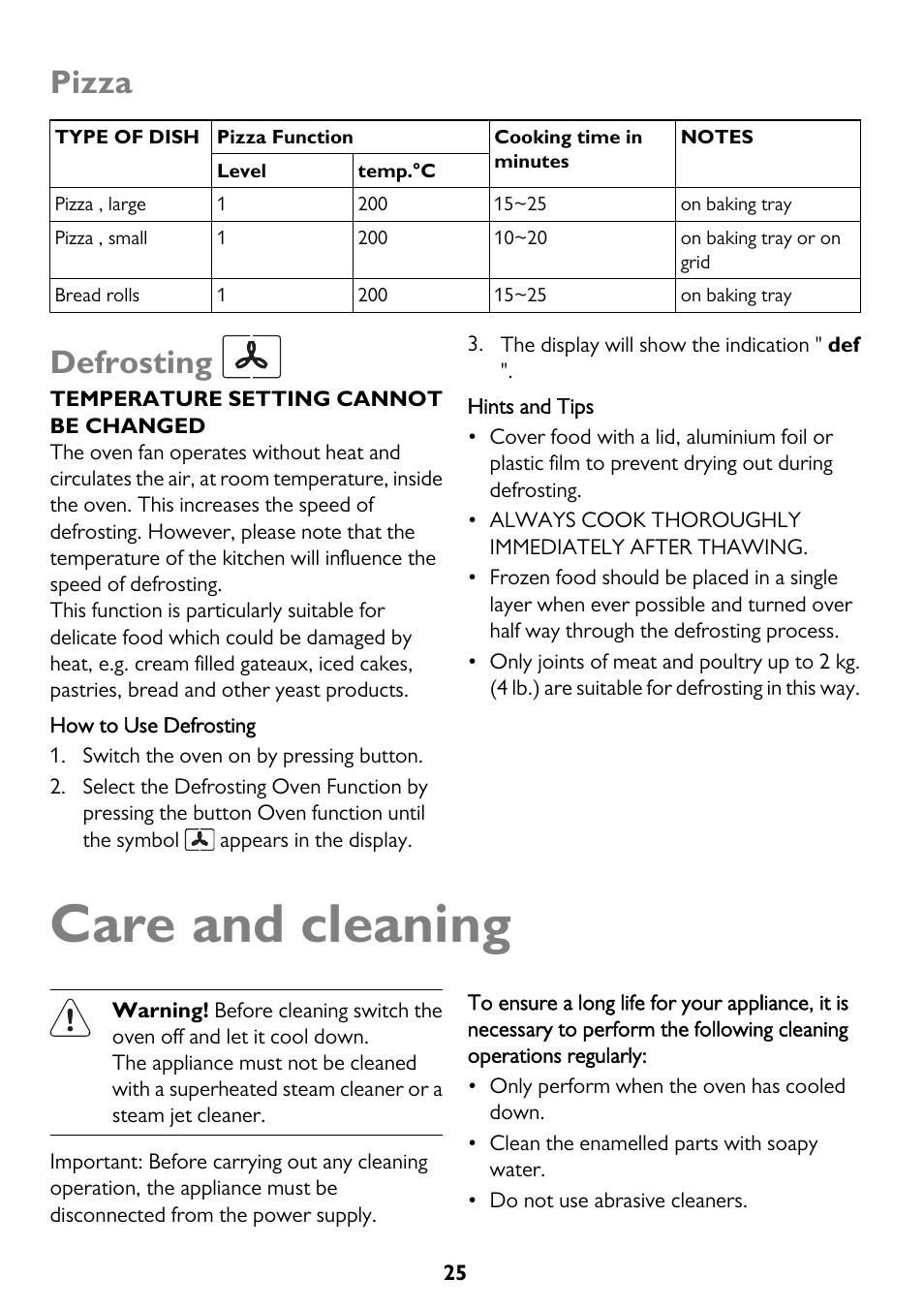 Care and cleaning, Pizza, Defrosting | John Lewis JLBIOS662 User Manual | Page 25 / 36